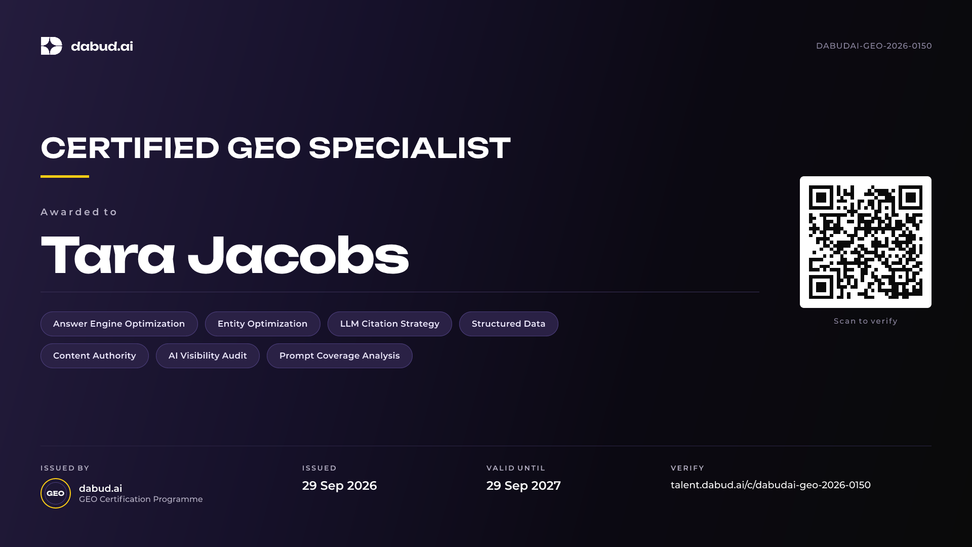 Tara Jacobs — Certified GEO Specialist