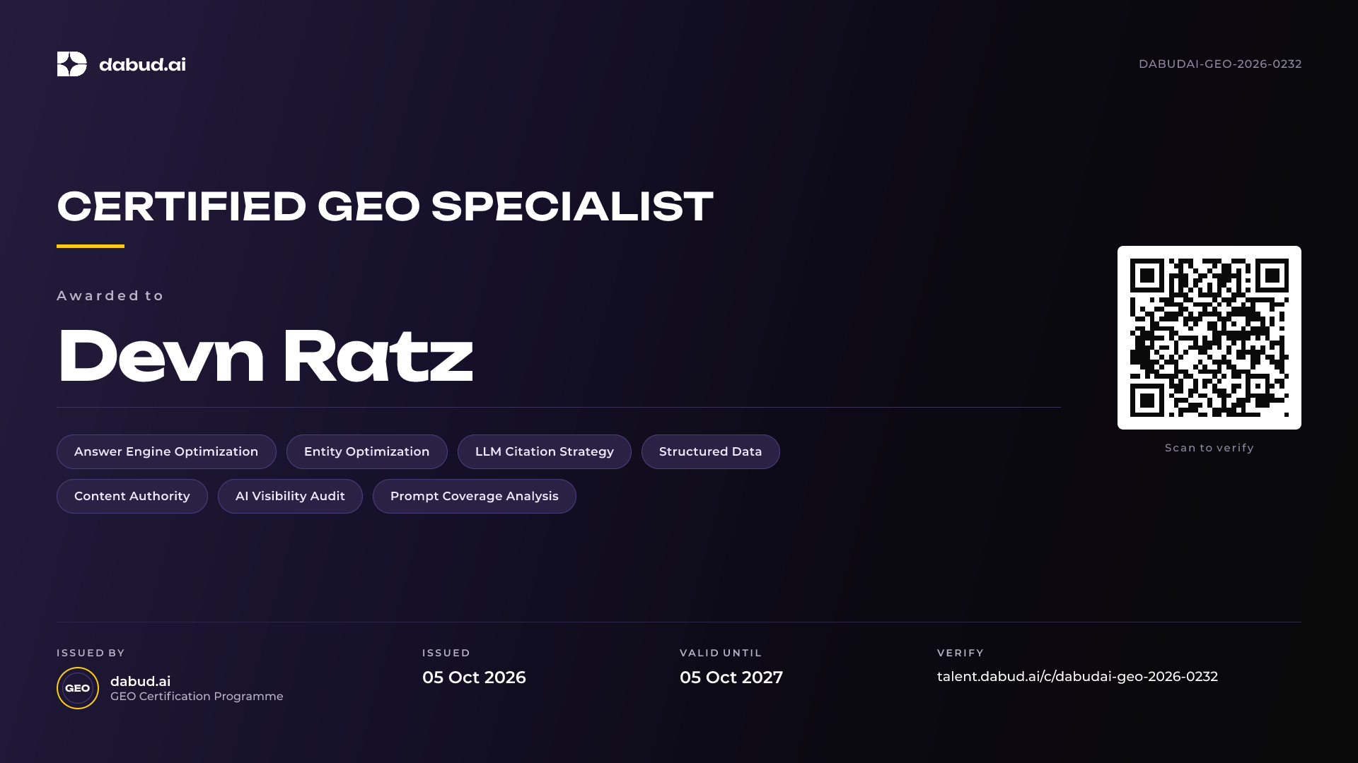 Devn Ratz — Certified GEO Specialist