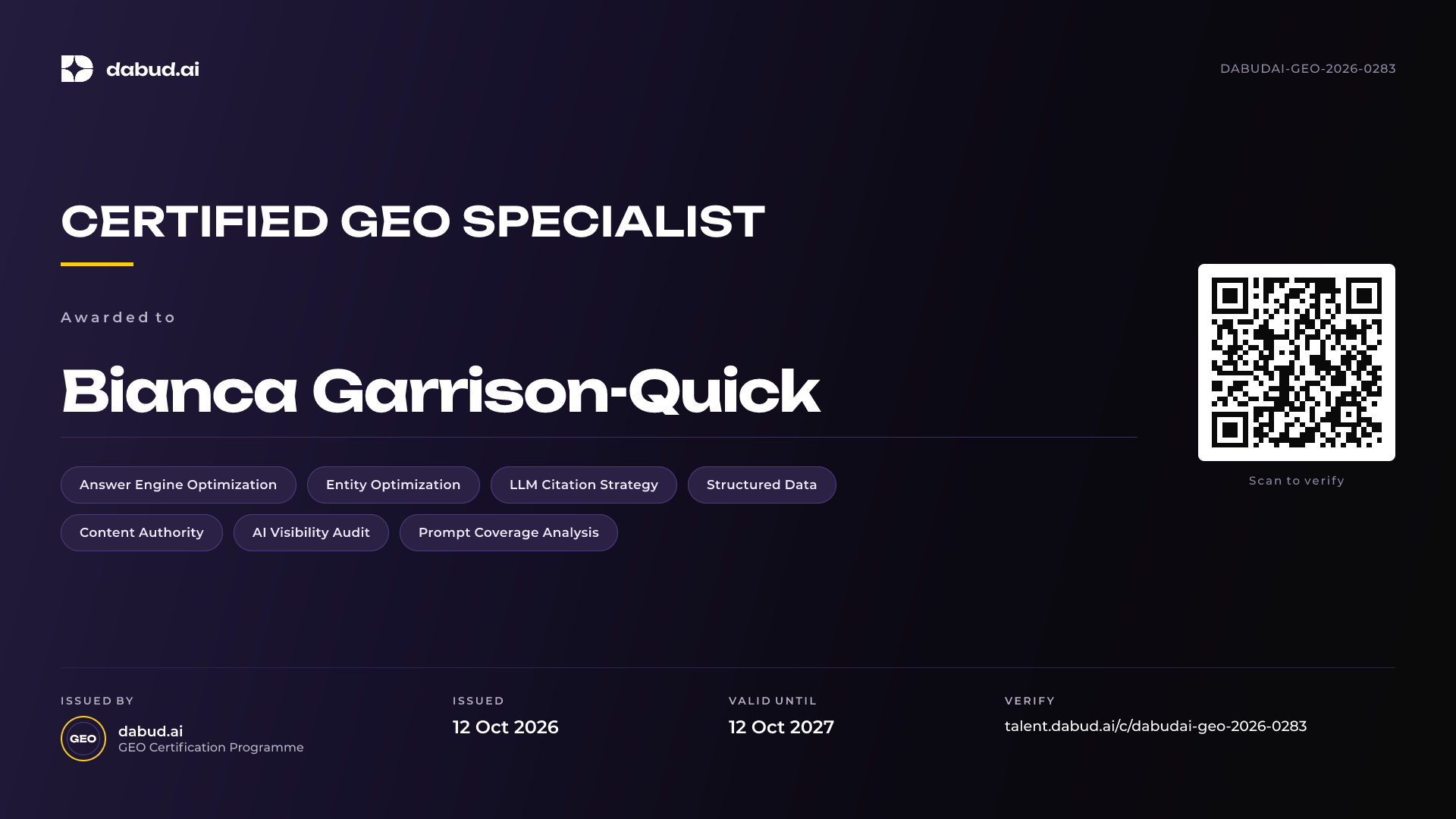 Bianca Garrison-Quick — Certified GEO Specialist