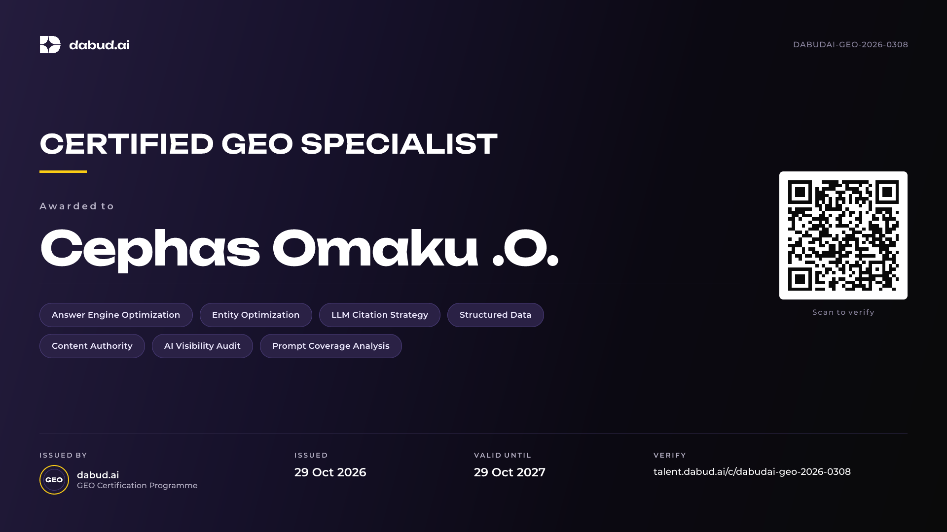 Cephas Omaku .O. — Certified GEO Specialist